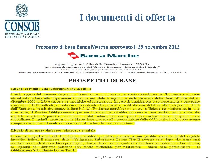 I documenti di offerta Prospetto di base Banca Marche approvato il 29 novembre 2012