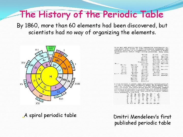 The History of the Periodic Table By 1860, more than 60 elements had been
