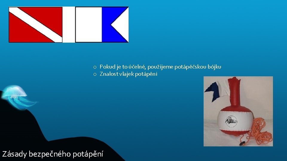 o Pokud je to účelné, použijeme potápěčskou bójku o Znalost vlajek potápění Zásady bezpečného