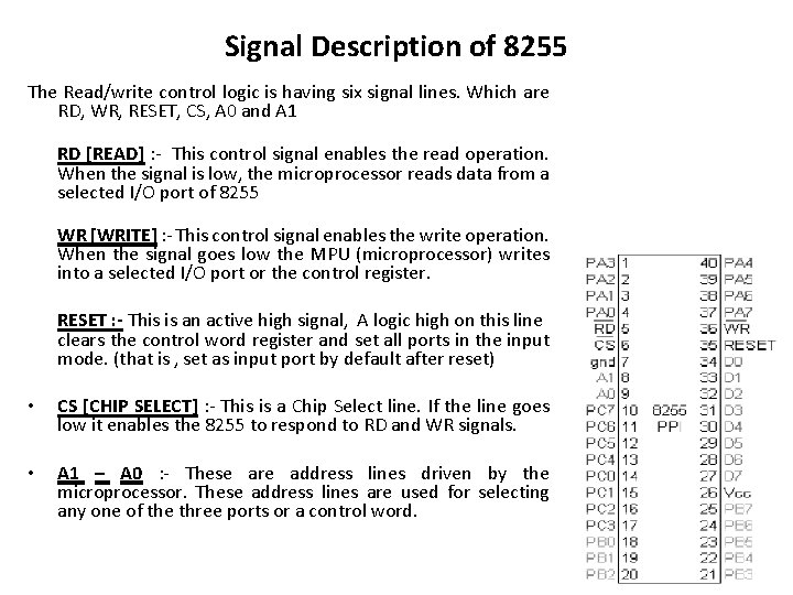 Signal Description of 8255 The Read/write control logic is having six signal lines. Which Signal Description of 8255 The Read/write control logic is having six signal lines. Which