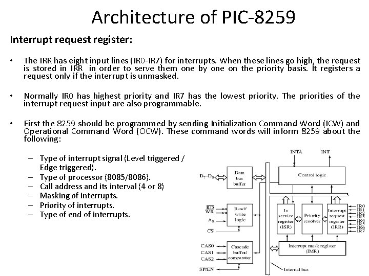 Architecture of PIC-8259 Interrupt request register: • The IRR has eight input lines (IR Architecture of PIC-8259 Interrupt request register: • The IRR has eight input lines (IR