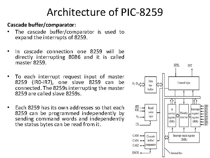 Architecture of PIC-8259 Cascade buffer/comparator: • The cascade buffer/comparator is used to expand the Architecture of PIC-8259 Cascade buffer/comparator: • The cascade buffer/comparator is used to expand the