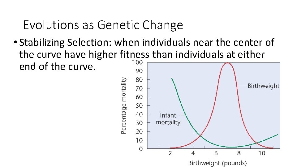 Evolutions as Genetic Change • Stabilizing Selection: when individuals near the center of the