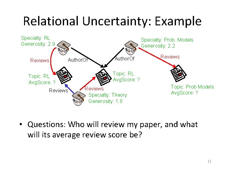 Relational Uncertainty: Example Specialty: RL Generosity: 2. 9 Reviews Specialty: Prob. Models Generosity: 2.