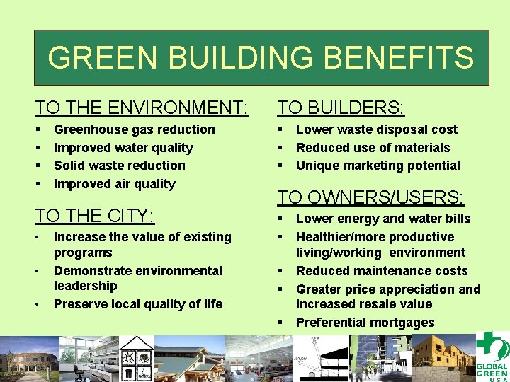 GREEN BUILDING BENEFITS TO THE ENVIRONMENT: TO BUILDERS: § § § § Greenhouse gas
