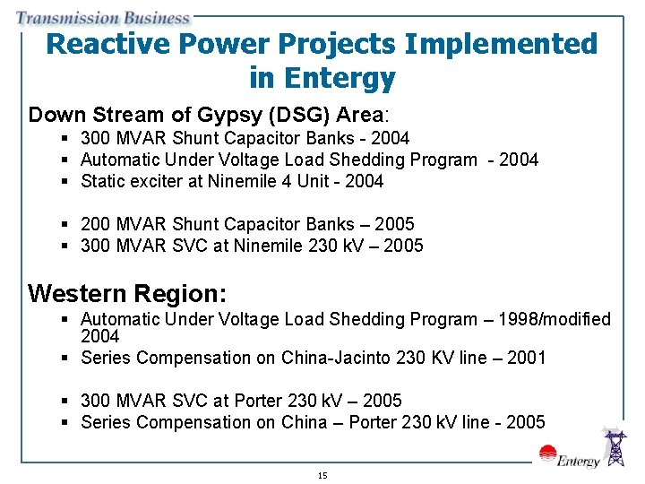 Reactive Power Projects Implemented in Entergy Down Stream of Gypsy (DSG) Area: § 300