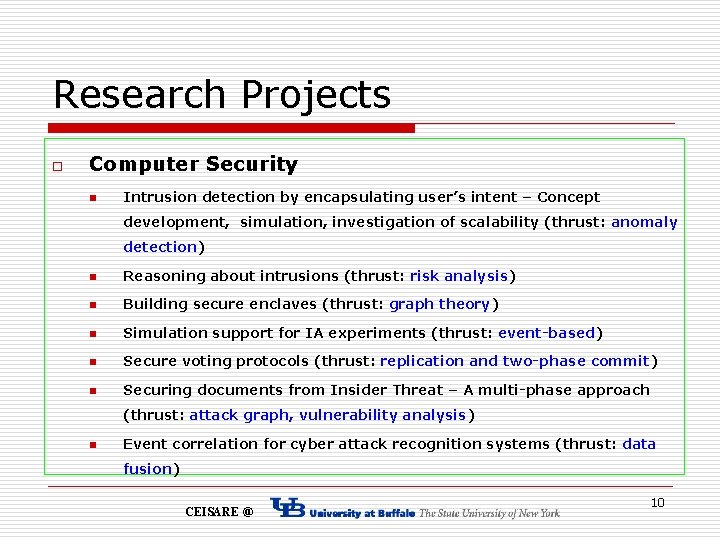 Research Projects o Computer Security n Intrusion detection by encapsulating user’s intent – Concept