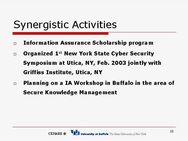 Synergistic Activities o Information Assurance Scholarship program o Organized 1 st New York State