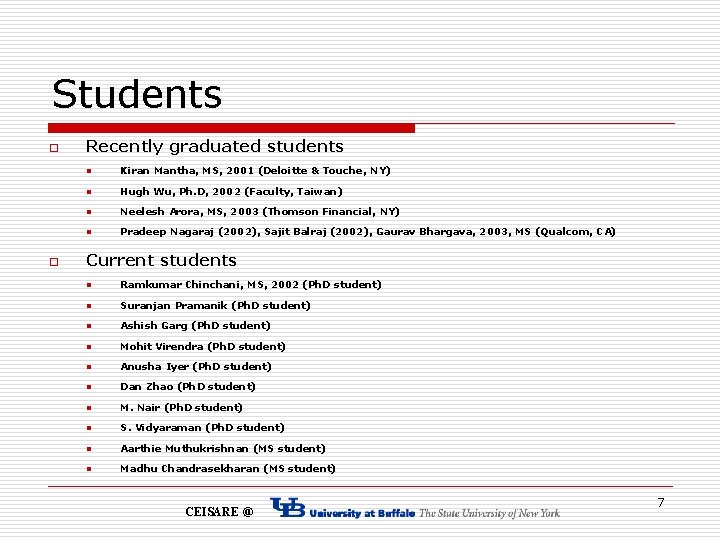 Students o o Recently graduated students n Kiran Mantha, MS, 2001 (Deloitte & Touche,