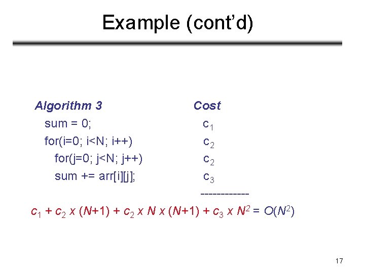 Example (cont’d) Algorithm 3 sum = 0; for(i=0; i<N; i++) for(j=0; j<N; j++) sum Example (cont’d) Algorithm 3 sum = 0; for(i=0; i<N; i++) for(j=0; j<N; j++) sum