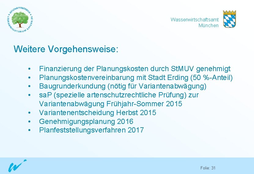 Wasserwirtschaftsamt München Weitere Vorgehensweise: • • Finanzierung der Planungskosten durch St. MUV genehmigt Planungskostenvereinbarung