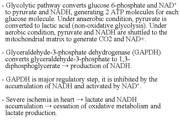 - Glycolytic pathway converts glucose 6 -phosphate and NAD+ to pyruvate and NADH, generating