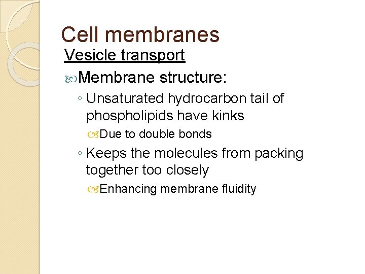 Cell membranes Vesicle transport Membrane structure: ◦ Unsaturated hydrocarbon tail of phospholipids have kinks Cell membranes Vesicle transport Membrane structure: ◦ Unsaturated hydrocarbon tail of phospholipids have kinks