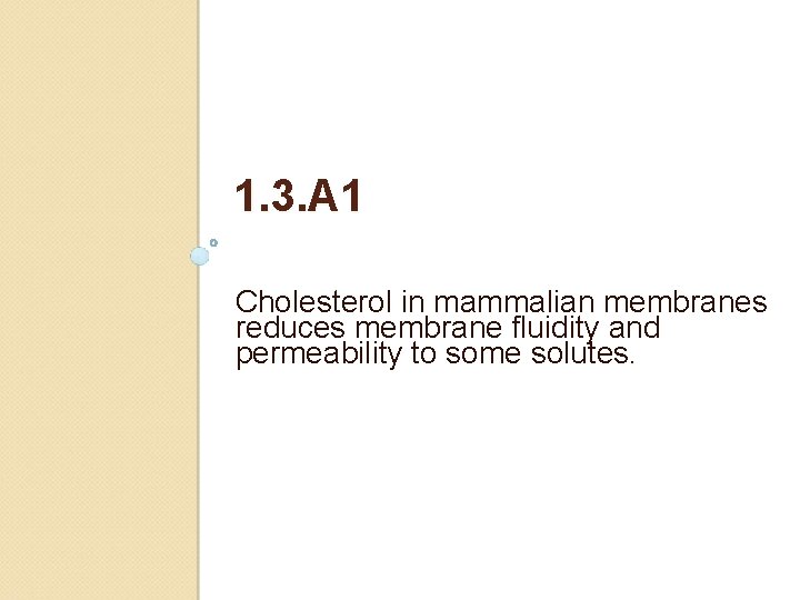 1. 3. A 1 Cholesterol in mammalian membranes reduces membrane fluidity and permeability to 1. 3. A 1 Cholesterol in mammalian membranes reduces membrane fluidity and permeability to