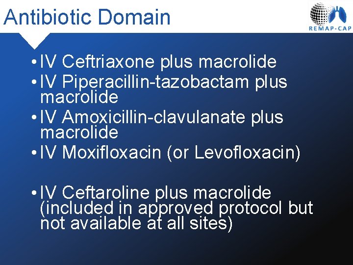 Antibiotic Domain • IV Ceftriaxone plus macrolide • IV Piperacillin-tazobactam plus macrolide • IV