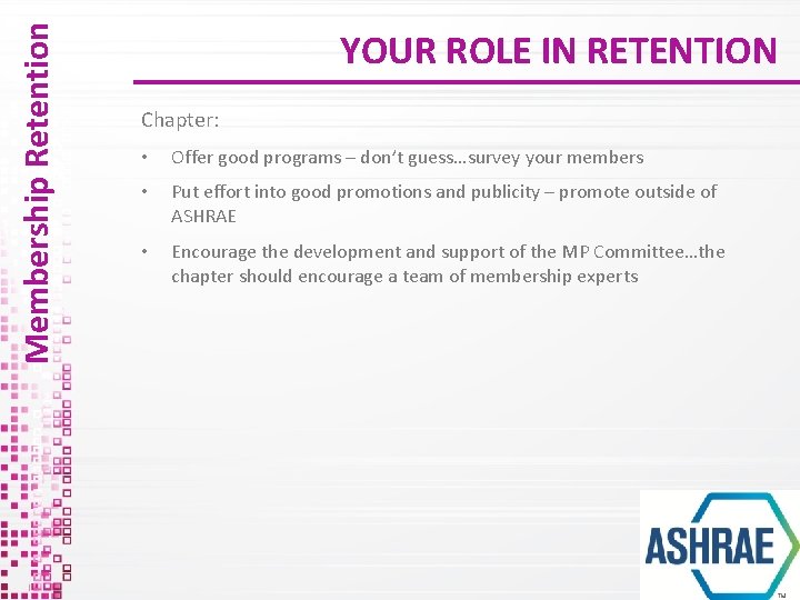 Membership Retention YOUR ROLE IN RETENTION Chapter: • Offer good programs – don’t guess…survey