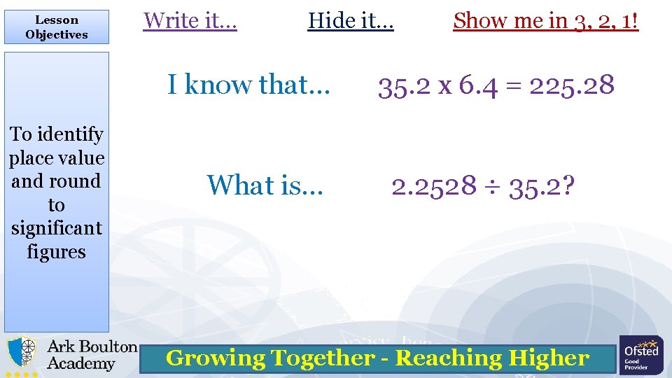Lesson Objectives Write it… Hide it… I know that… To identify place value and