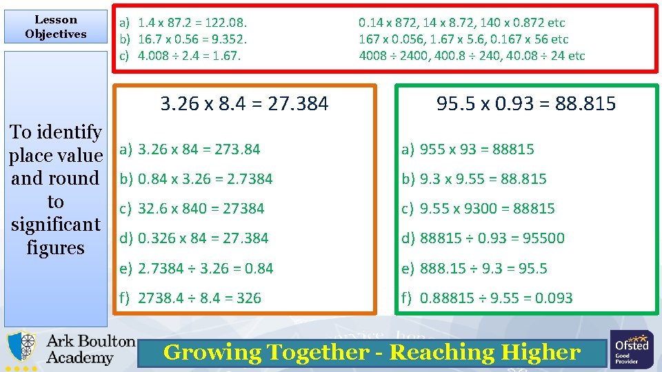 Lesson Objectives a) 1. 4 x 87. 2 = 122. 08. b) 16. 7