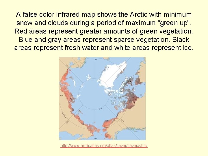 A false color infrared map shows the Arctic with minimum snow and clouds during