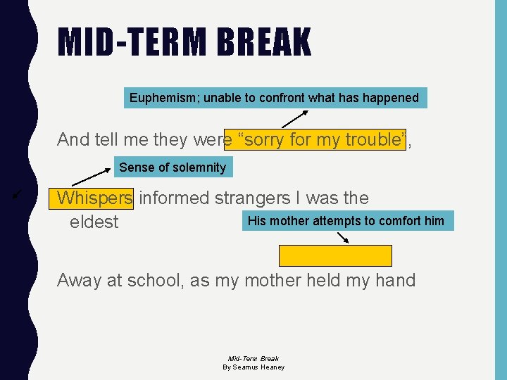 MID-TERM BREAK Euphemism; unable to confront what has happened And tell me they were