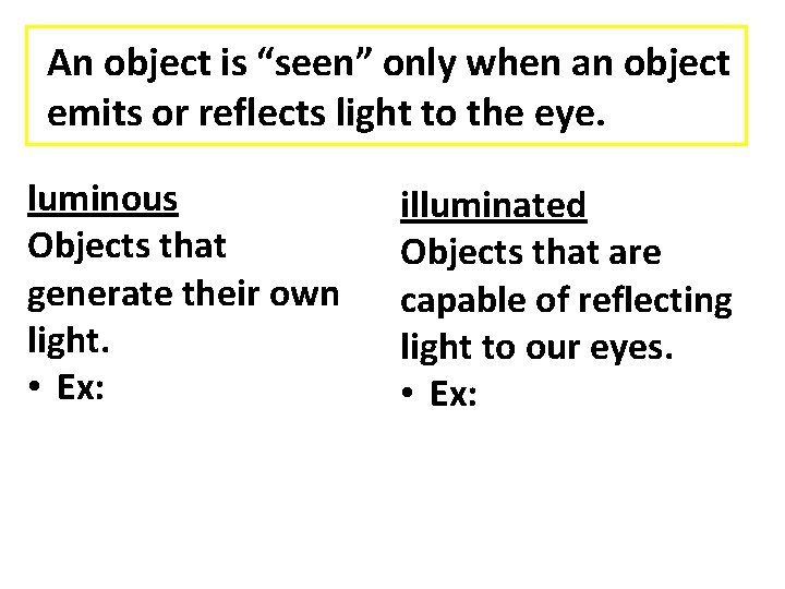 An object is “seen” only when an object emits or reflects light to the