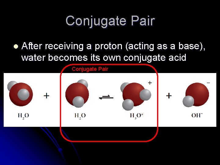 Conjugate Pair l After receiving a proton (acting as a base), water becomes its