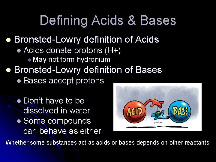 Defining Acids & Bases l Bronsted-Lowry definition of Acids l Acids donate protons (H+)