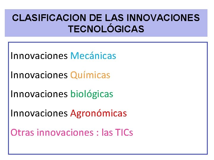 CLASIFICACION DE LAS INNOVACIONES TECNOLÓGICAS Innovaciones Mecánicas Innovaciones Químicas Innovaciones biológicas Innovaciones Agronómicas Otras