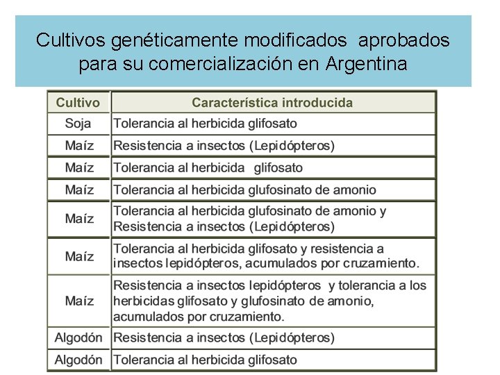 Cultivos genéticamente modificados aprobados para su comercialización en Argentina 