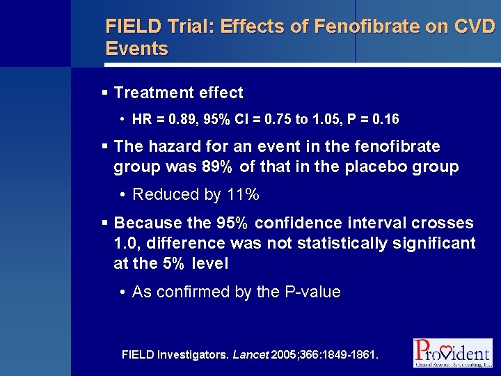 FIELD Trial: Effects of Fenofibrate on CVD Events § Treatment effect • HR =