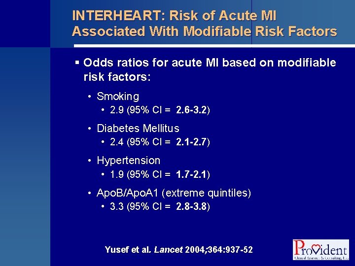 INTERHEART: Risk of Acute MI Associated With Modifiable Risk Factors § Odds ratios for