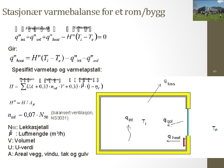 Stasjonær varmebalanse for et rom/bygg Spesifikt varmetap og varmetapstall: (balansert ventilasjon, NS 3031) N