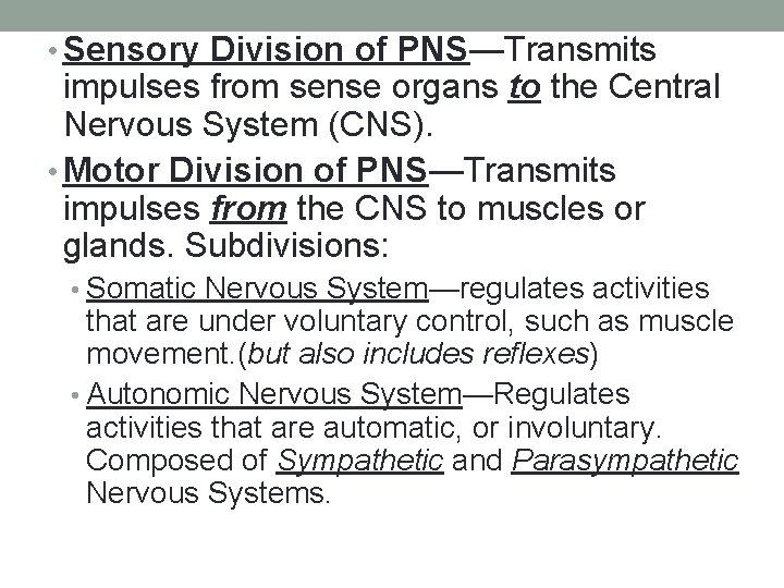  • Sensory Division of PNS—Transmits impulses from sense organs to the Central Nervous