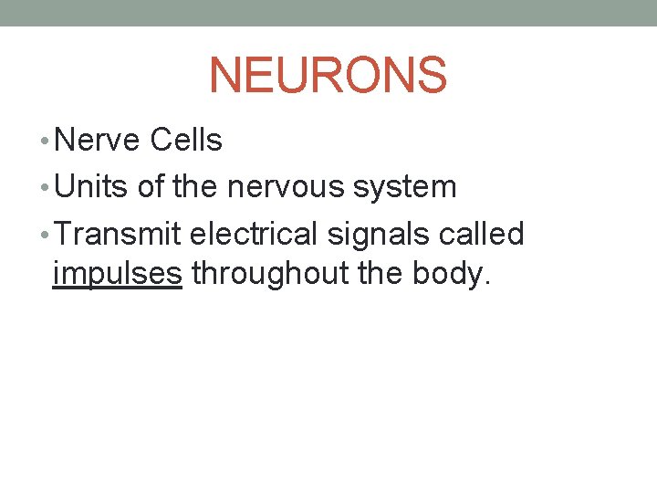 NEURONS • Nerve Cells • Units of the nervous system • Transmit electrical signals