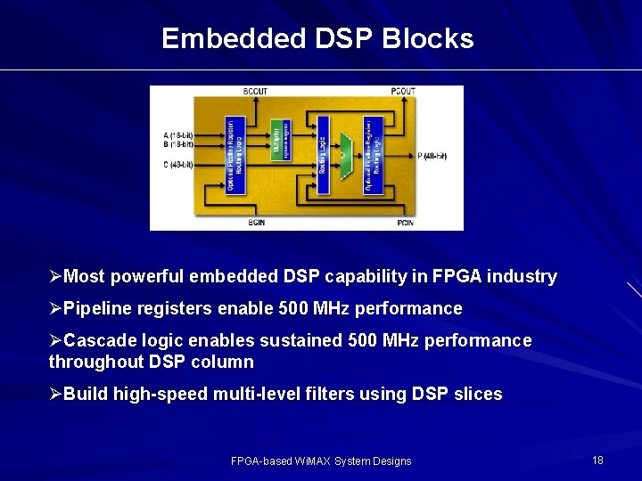 Embedded DSP Blocks ØMost powerful embedded DSP capability in FPGA industry ØPipeline registers enable Embedded DSP Blocks ØMost powerful embedded DSP capability in FPGA industry ØPipeline registers enable