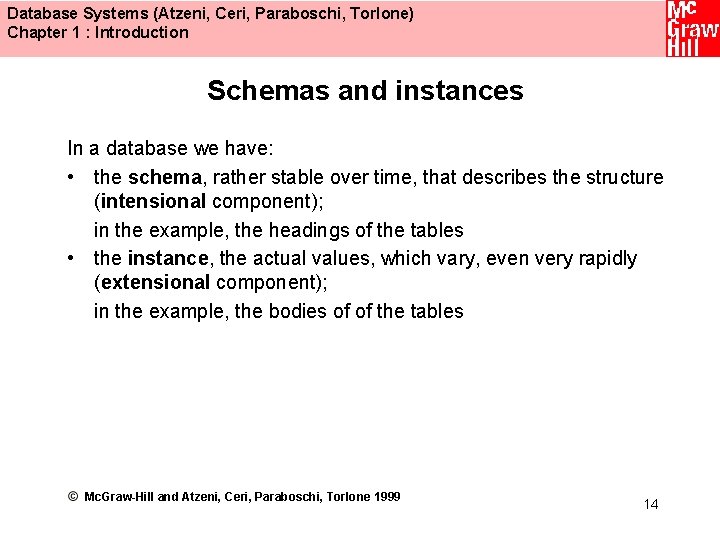 Database Systems (Atzeni, Ceri, Paraboschi, Torlone) Chapter 1 : Introduction Schemas and instances In