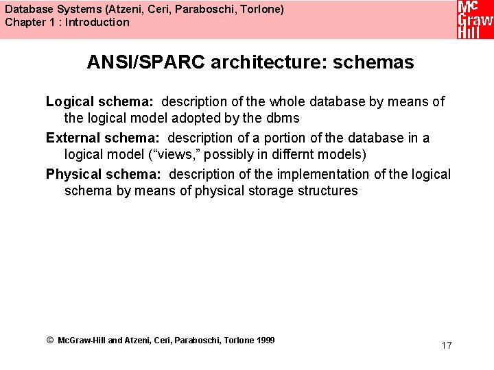 Database Systems (Atzeni, Ceri, Paraboschi, Torlone) Chapter 1 : Introduction ANSI/SPARC architecture: schemas Logical