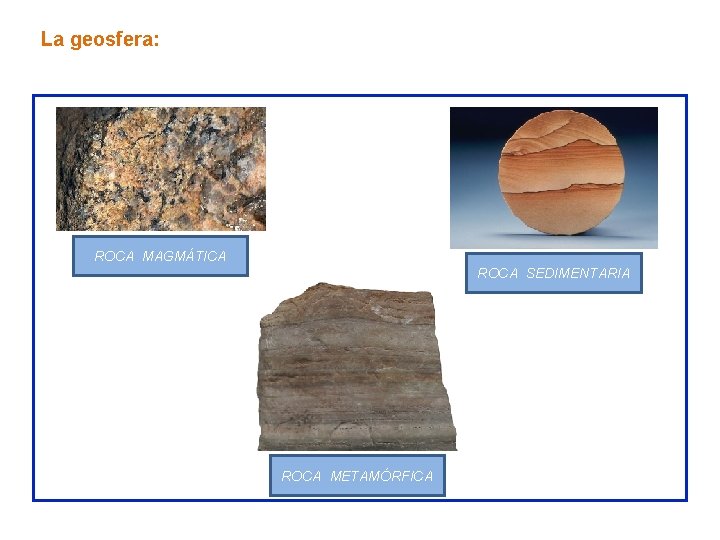 La geosfera: ROCA MAGMÁTICA ROCA SEDIMENTARIA ROCA METAMÓRFICA 