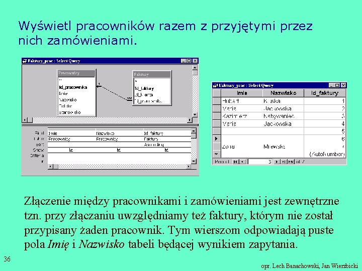 Wyświetl pracowników razem z przyjętymi przez nich zamówieniami. Złączenie między pracownikami i zamówieniami jest