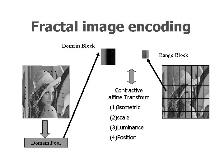 Fractal image encoding Domain Block Range Block .... Contractive affine Transform (1)Isometric (2)scale (3)Luminance Fractal image encoding Domain Block Range Block .... Contractive affine Transform (1)Isometric (2)scale (3)Luminance