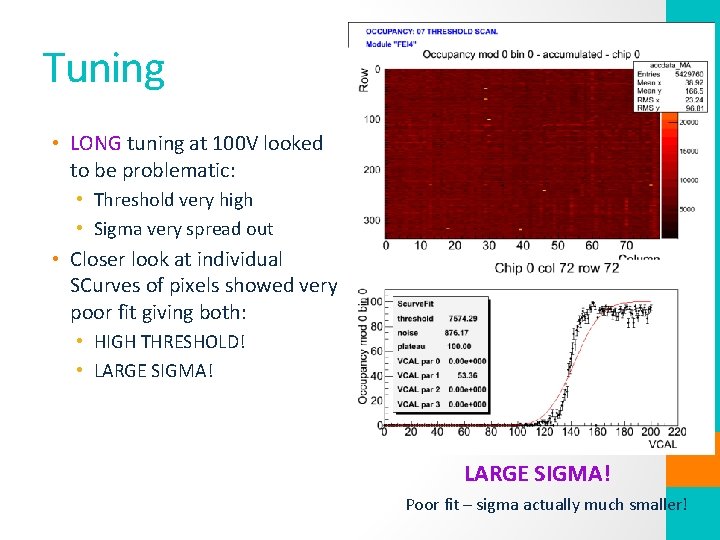 Tuning • LONG tuning at 100 V looked to be problematic: • Threshold very