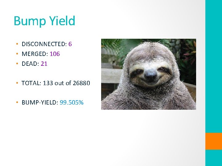 Bump Yield • DISCONNECTED: 6 • MERGED: 106 • DEAD: 21 • TOTAL: 133