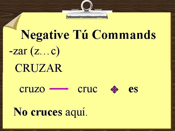 Negative Tú Commands -zar (z…c) CRUZAR cruzo cruc No cruces aquí. es 