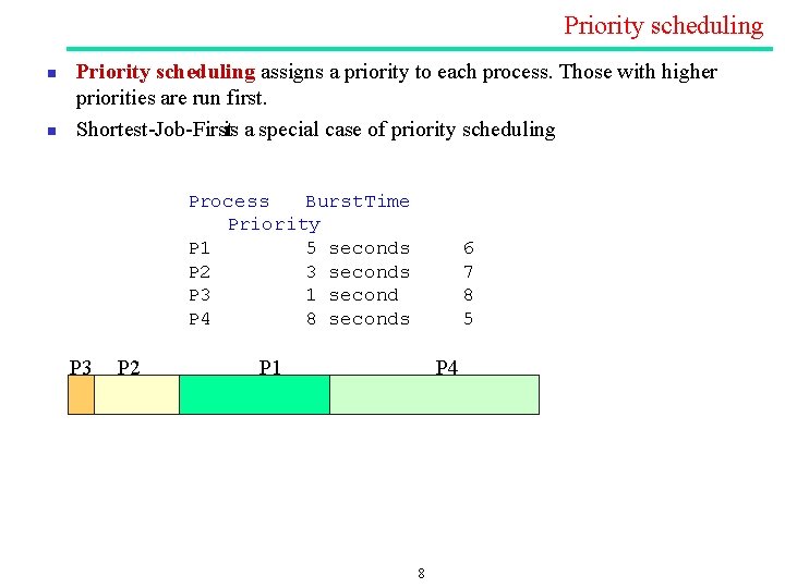 Priority scheduling n n Priority scheduling assigns a priority to each process. Those with