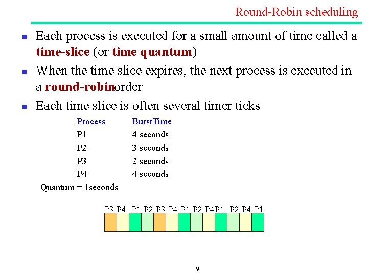 Round Robin scheduling n n n Each process is executed for a small amount