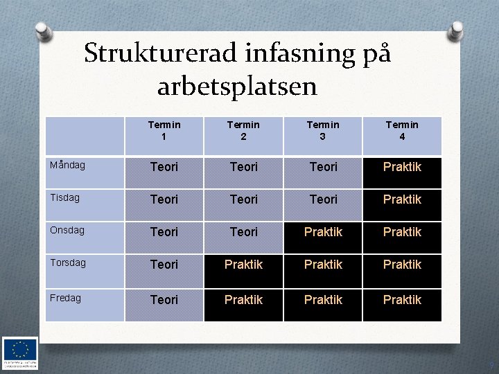 Strukturerad infasning på arbetsplatsen Termin 1 Termin 2 Termin 3 Termin 4 Måndag Teori