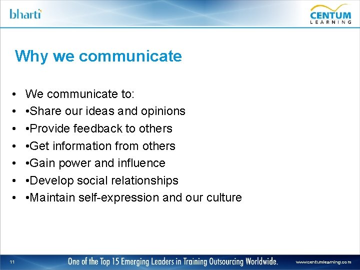 Why we communicate • • 11 We communicate to: • Share our ideas and