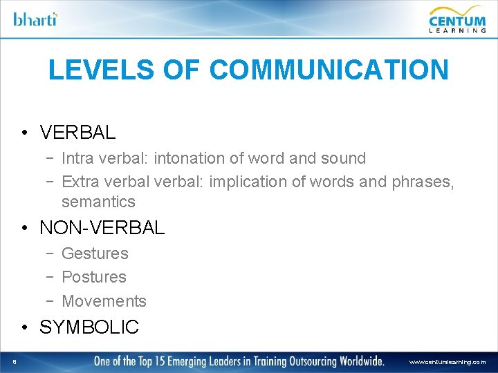 LEVELS OF COMMUNICATION • VERBAL – Intra verbal: intonation of word and sound –