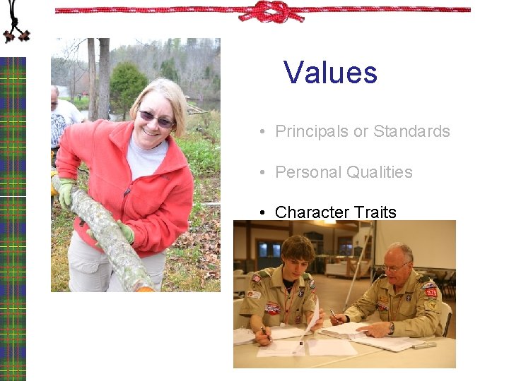 Values • Principals or Standards • Personal Qualities • Character Traits 