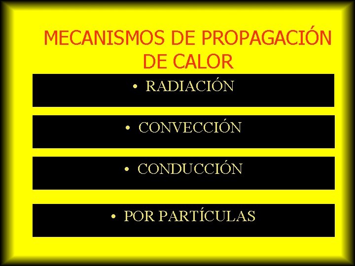 MECANISMOS DE PROPAGACIÓN DE CALOR • RADIACIÓN • CONVECCIÓN • CONDUCCIÓN • POR PARTÍCULAS